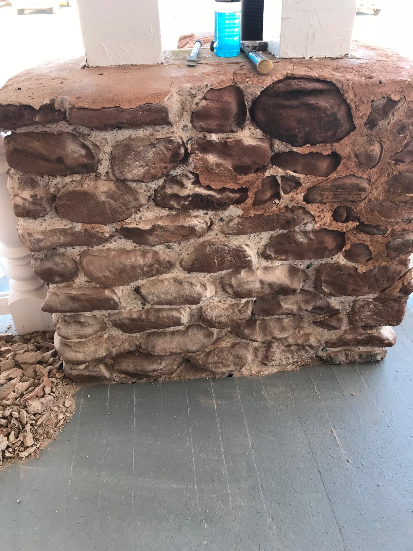 Exposed rubble masonry showing stone, mortar, joints and wall core